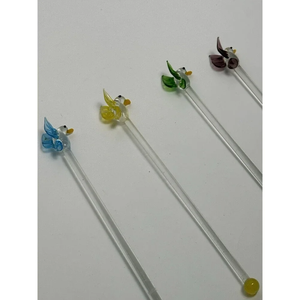 4 Vtg MCM Hand Blown Art Glass Bird Swizzle Stir Sticks Blue Green Yellow Purple